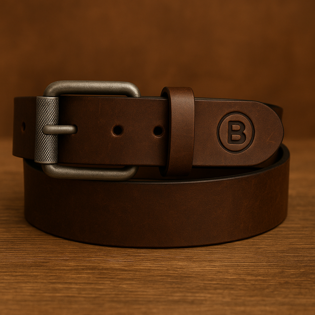Brown leather belt with a silver buckle on a wooden surface