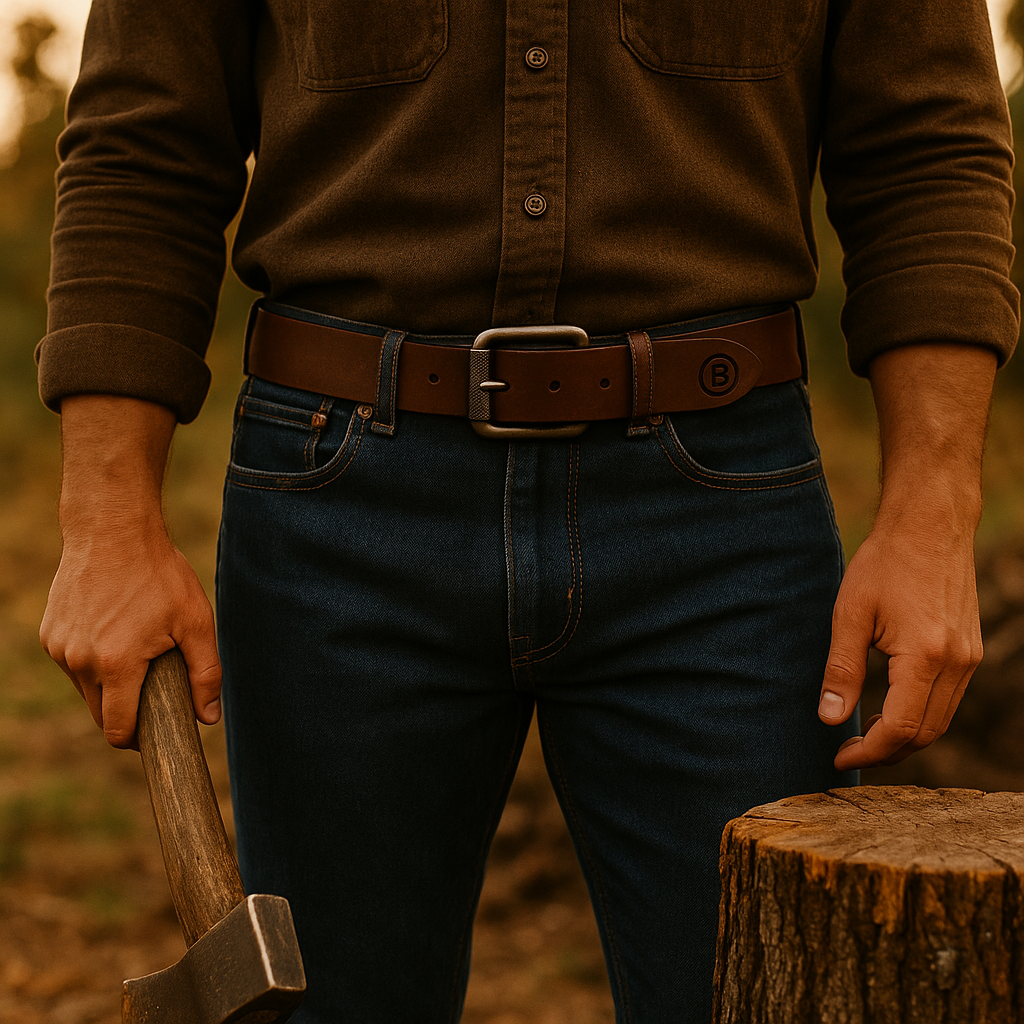 Person wearing a brown shirt and blue jeans holding an axe next to a wooden stump outdoors.
