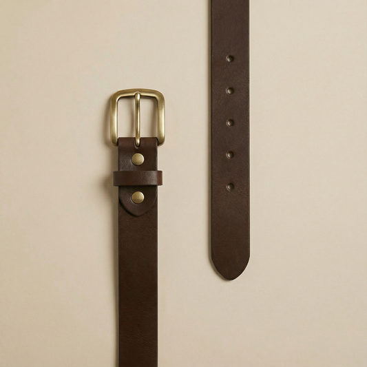 Brown leather belt with brass buckle on a beige background