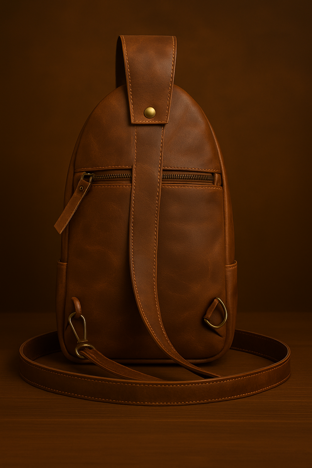 Brown leather backpack on a brown background