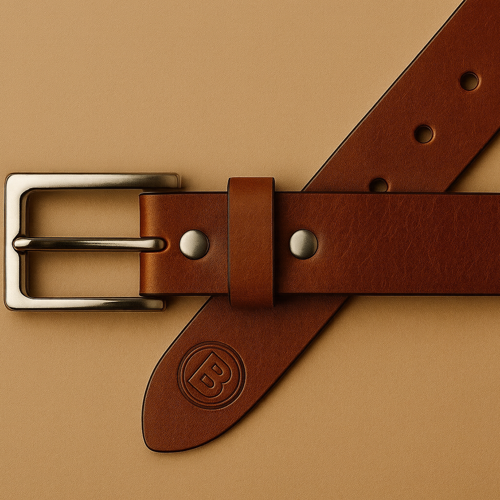 Brown leather belt with silver buckle on a beige background