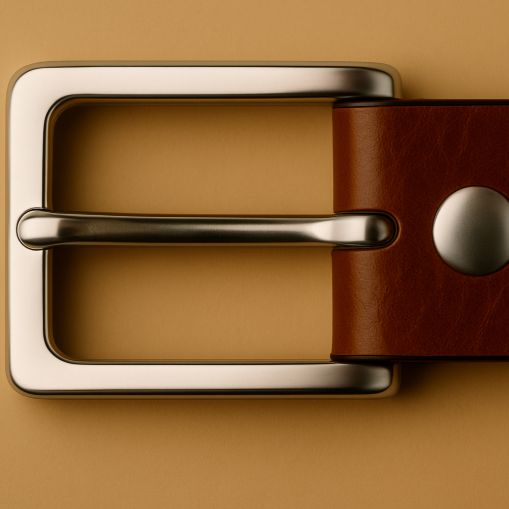 Brown leather belt with a silver buckle on a beige background