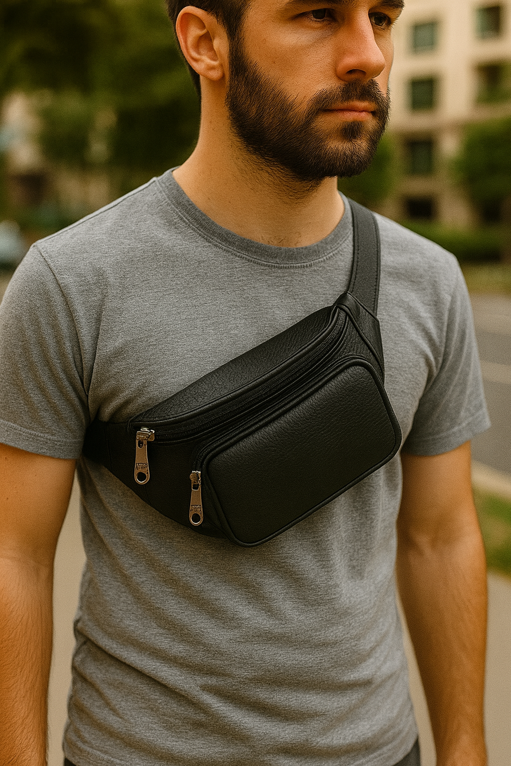 Man wearing a black waist bag on a blurred outdoor background