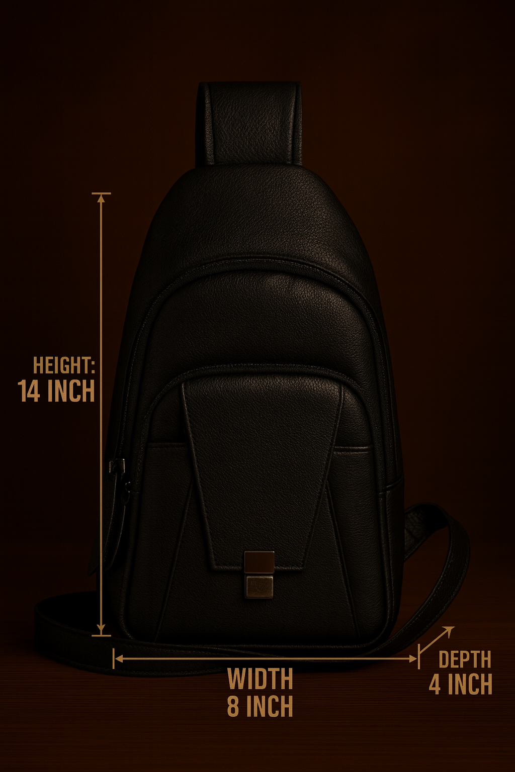 Black sling bag with measurements on a dark background
