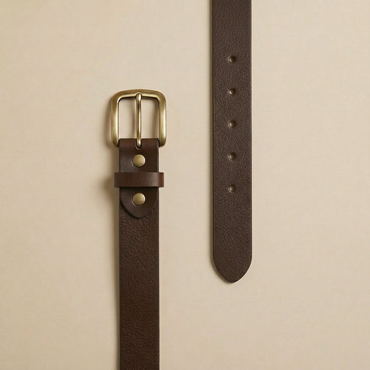 Bellvari Tradesman brown full-grain leather belt laid flat, showing the pebbled grain, holes and brass buckle.