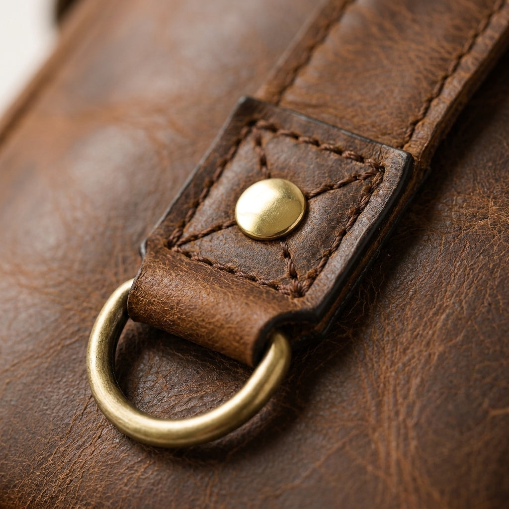 Riveted leather D-ring anchors.