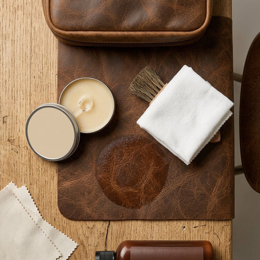 A leather care setup on an oak workbench: folded cotton cloths, a tin of conditioner and a horsehair brush.