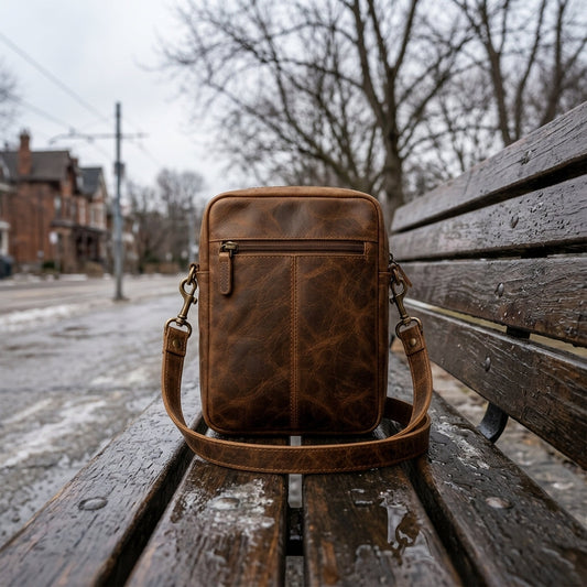 A brown leather crossbody bag on a wet park bench on a grey Toronto winter afternoon, salt residue on the pavement.