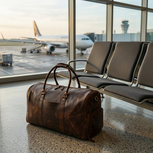A brown leather duffel bag beside airport gate seating, aircraft visible through the window.