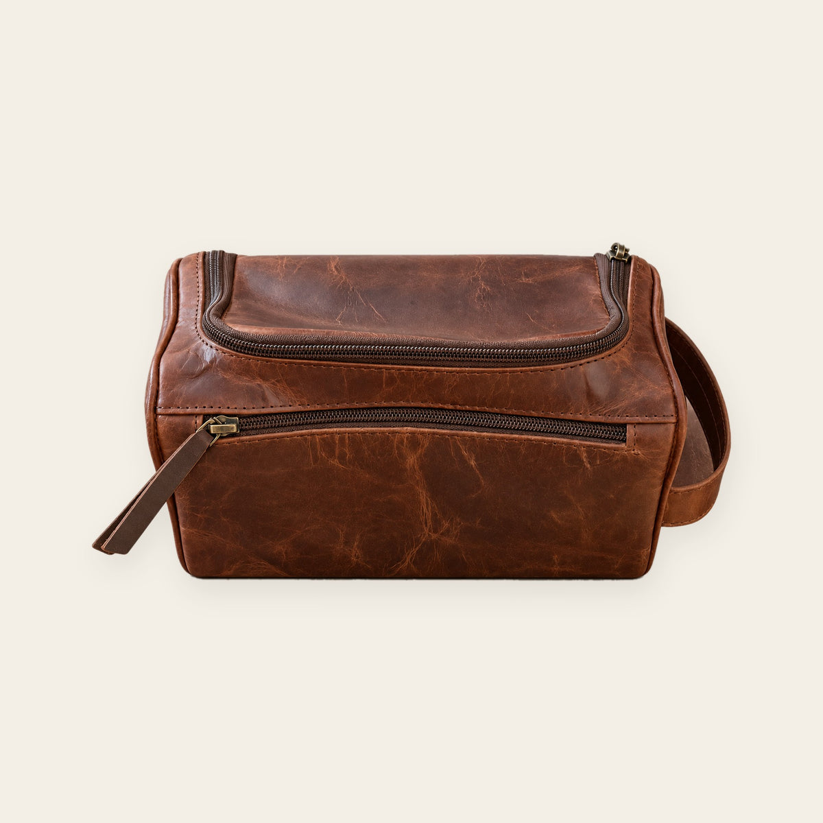 Crazy Horse Brown leather dopp kit — front view 