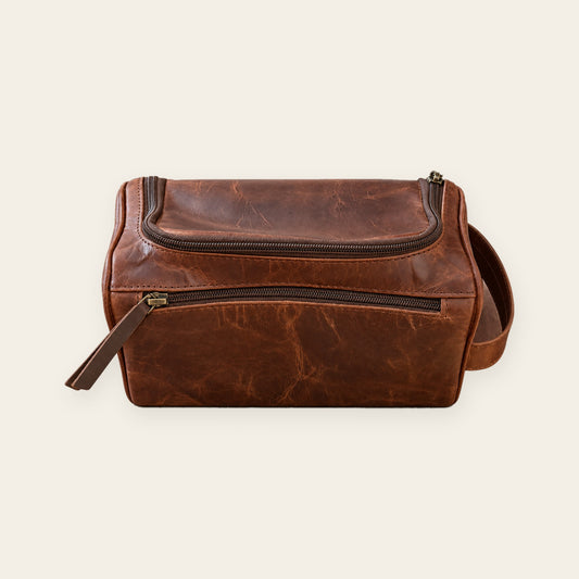 Crazy Horse Brown leather dopp kit — front view 