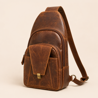 Bellvari Metro full-grain leather sling backpack with hidden zip pocket, available in crazy horse brown and black.