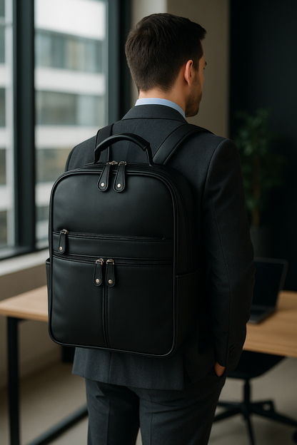 Man in a suit with a black backpack in an office setting