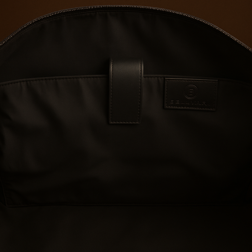 Close-up of a black garment bag with a brand logo on a dark background