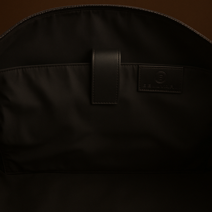 Close-up of a black garment bag with a brand logo on a dark background