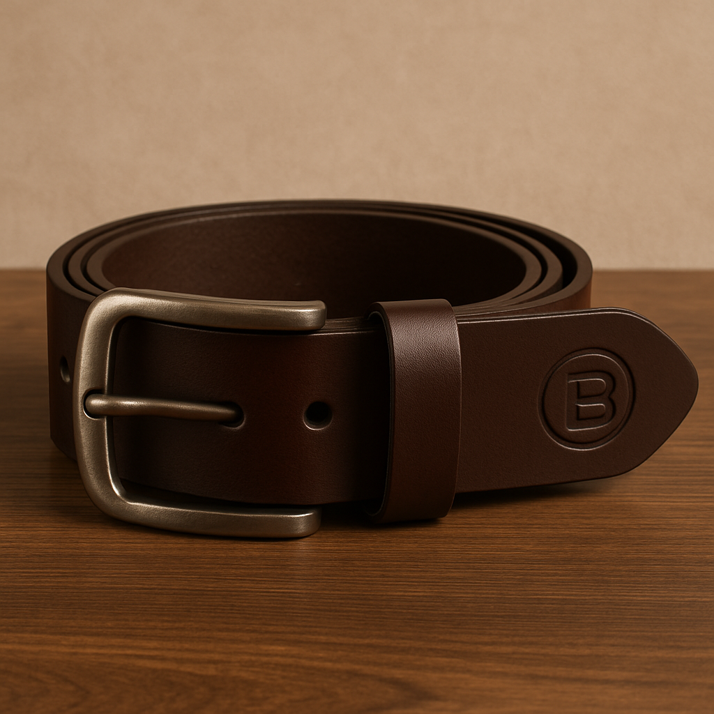 Brown leather belt with a silver buckle on a wooden surface