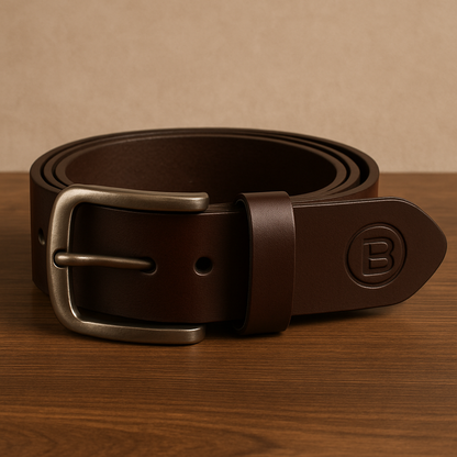 Brown leather belt with a silver buckle on a wooden surface