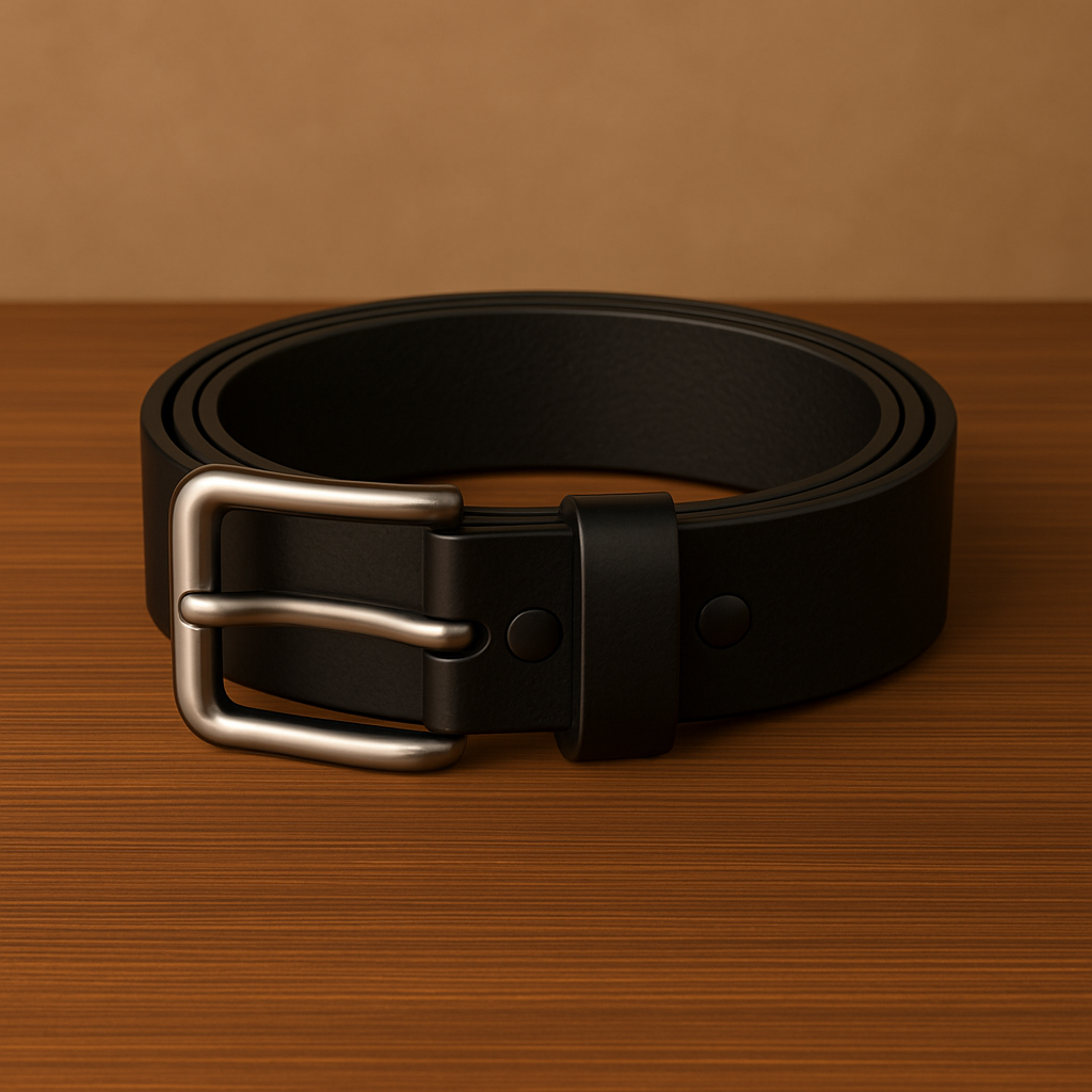 Black belt with a silver buckle on a wooden surface