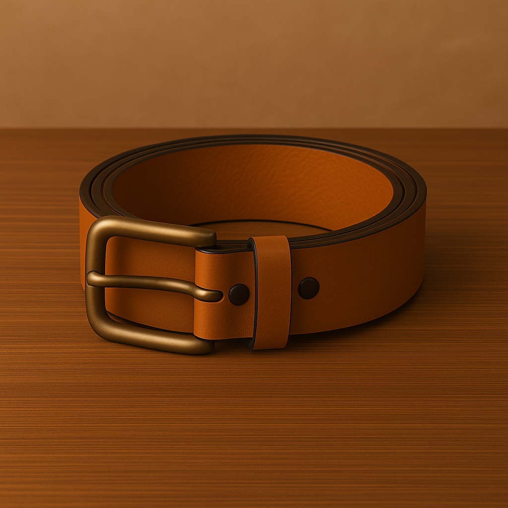 Brown leather belt with a gold buckle on a wooden surface