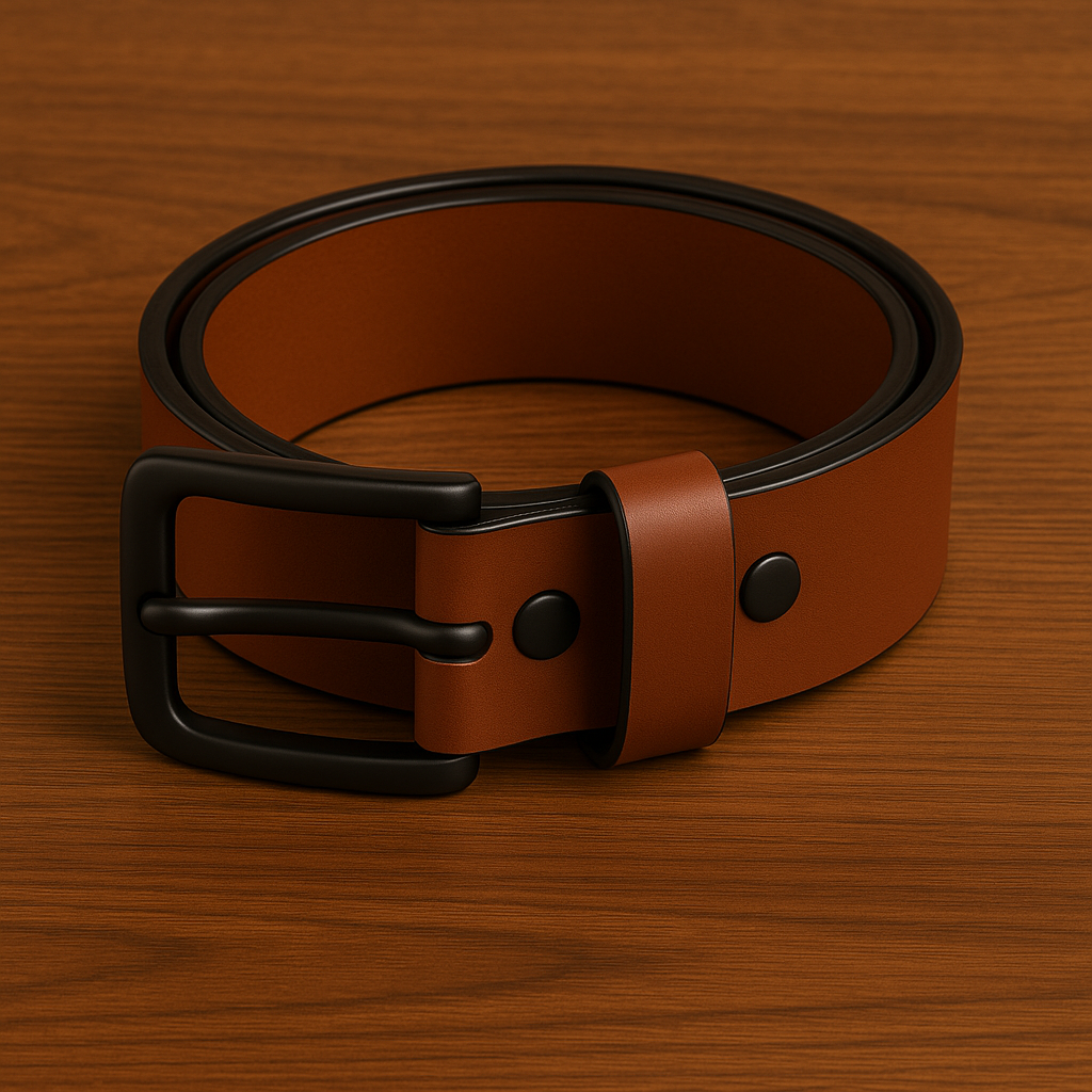 Brown leather belt with black buckle on a wooden surface