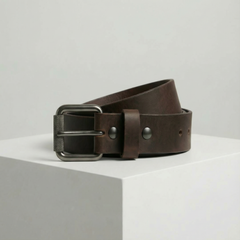 Bellvari Timberline brown leather belt with gunmetal buckle, top view. — view 4