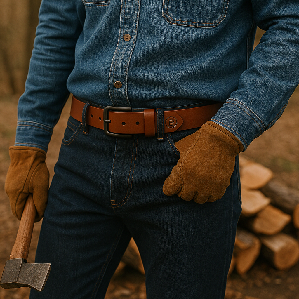 Person wearing a blue denim shirt, brown leather gloves, and jeans holding an axe with a blurred background of logs.
