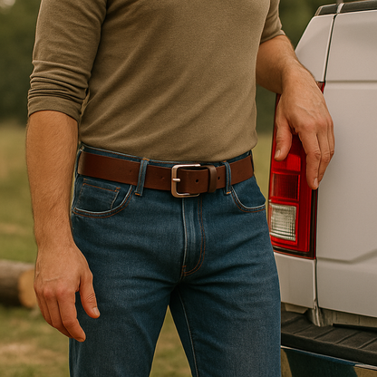 Person wearing a brown shirt and blue jeans standing next to a white truck with a red light.