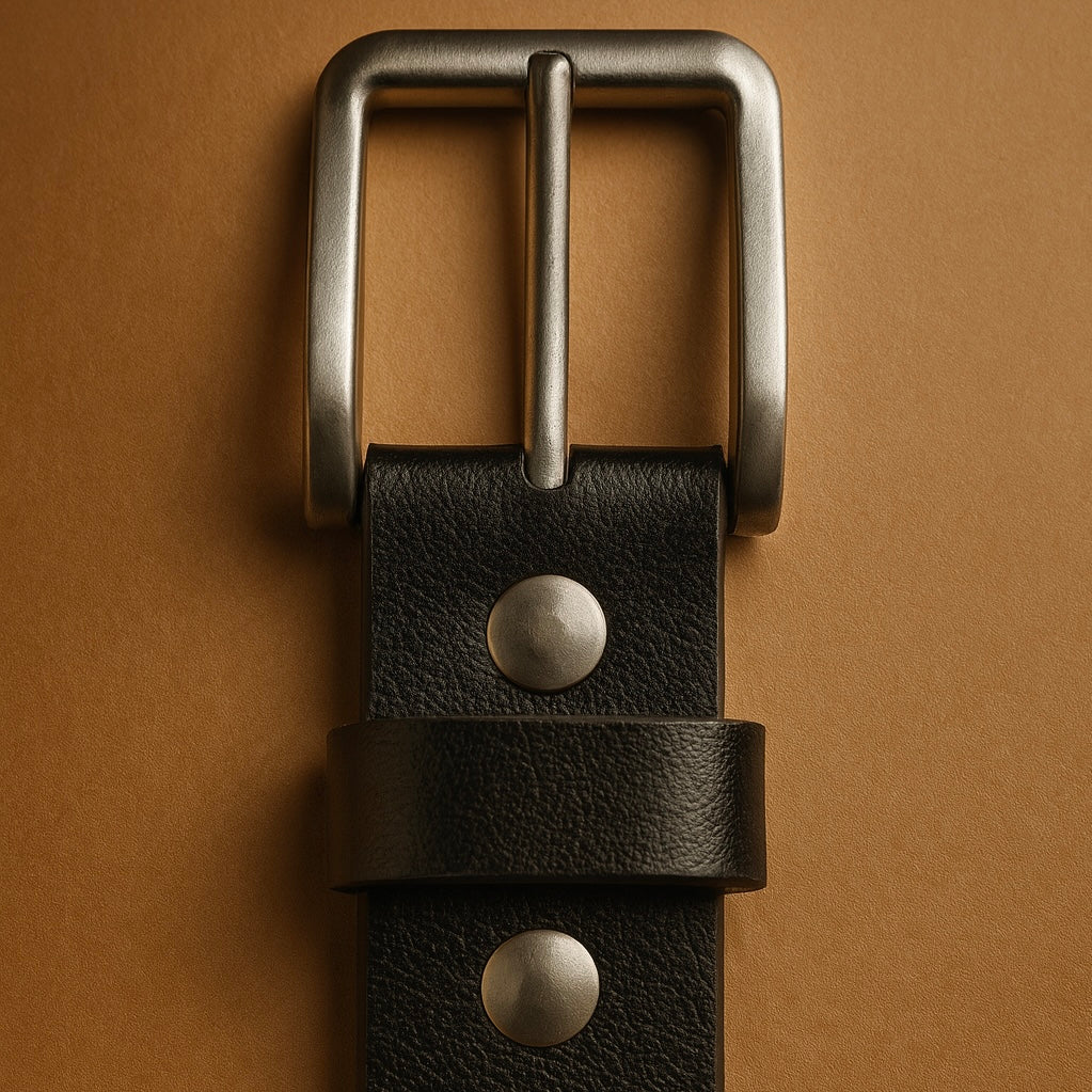 Black leather belt with silver buckle on a brown background