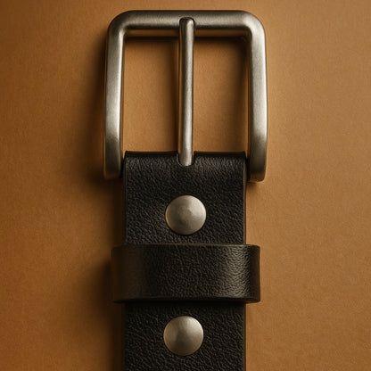 Black leather belt with silver buckle on a brown background