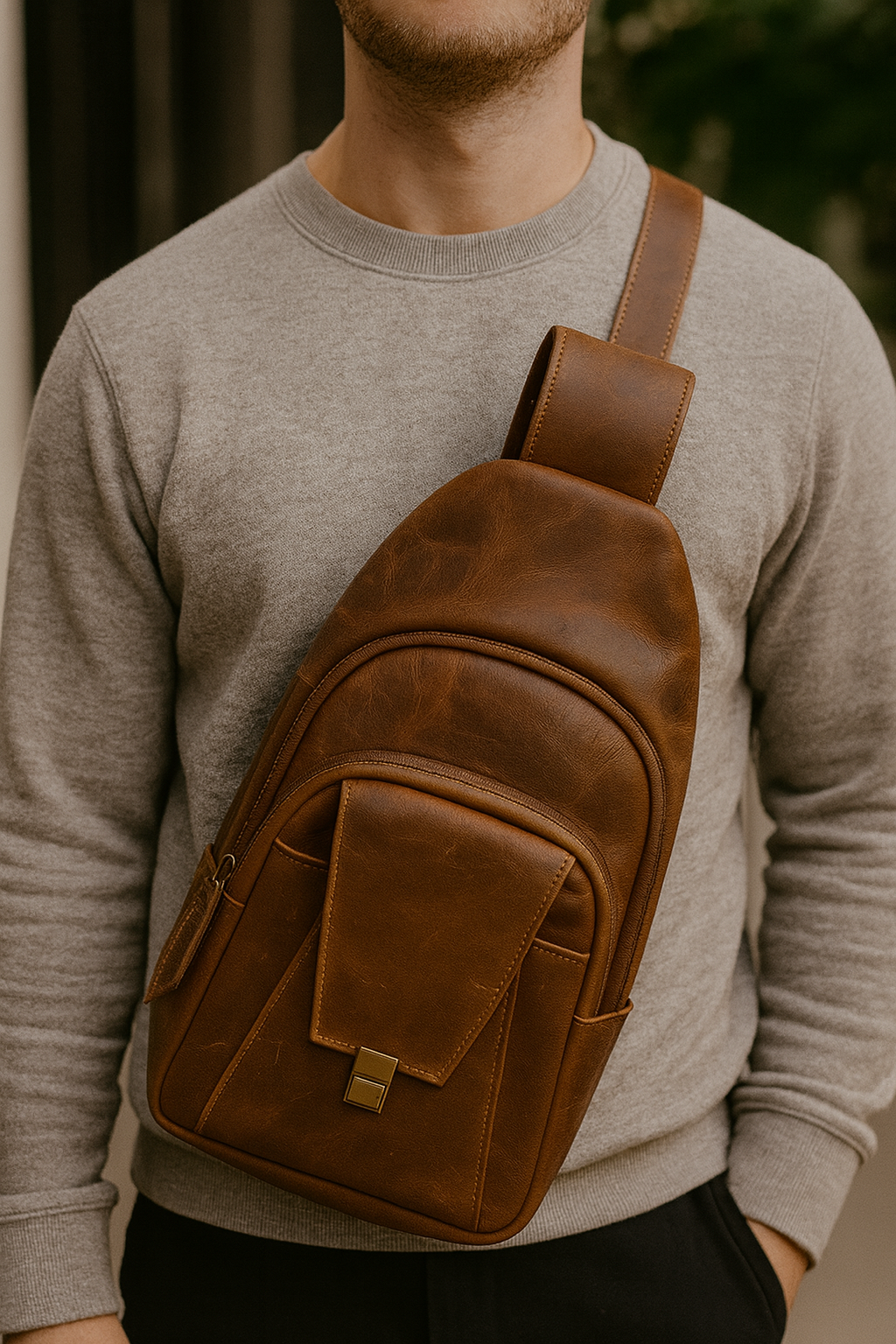Person wearing a brown leather sling bag over one shoulder.