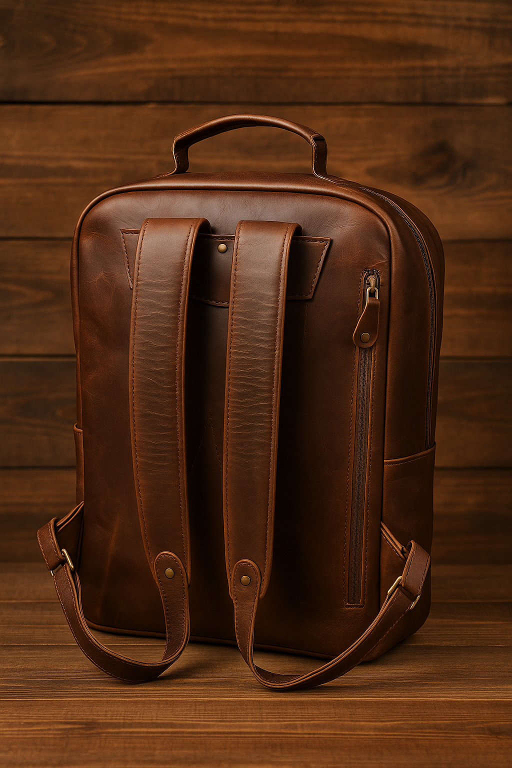 Brown leather backpack on a wooden surface with a wooden background
