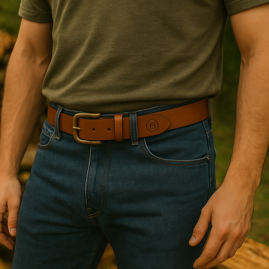 Person wearing a green shirt, blue jeans, and a brown belt with a visible brand logo.