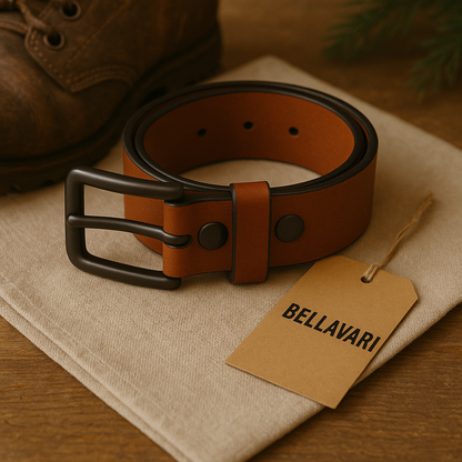 Brown leather belt with black buckle on a beige fabric surface, accompanied by a 'BELLAVARI' tag.