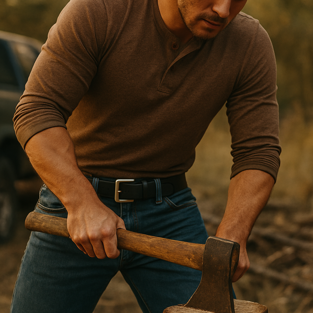 Man holding a wooden axe in a natural setting