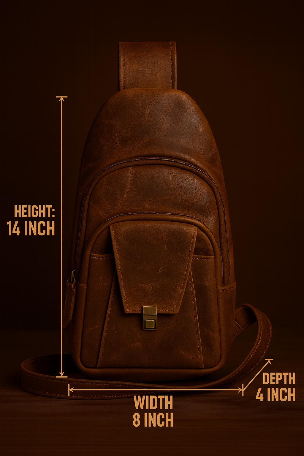 Brown leather backpack with measurements on a dark background
