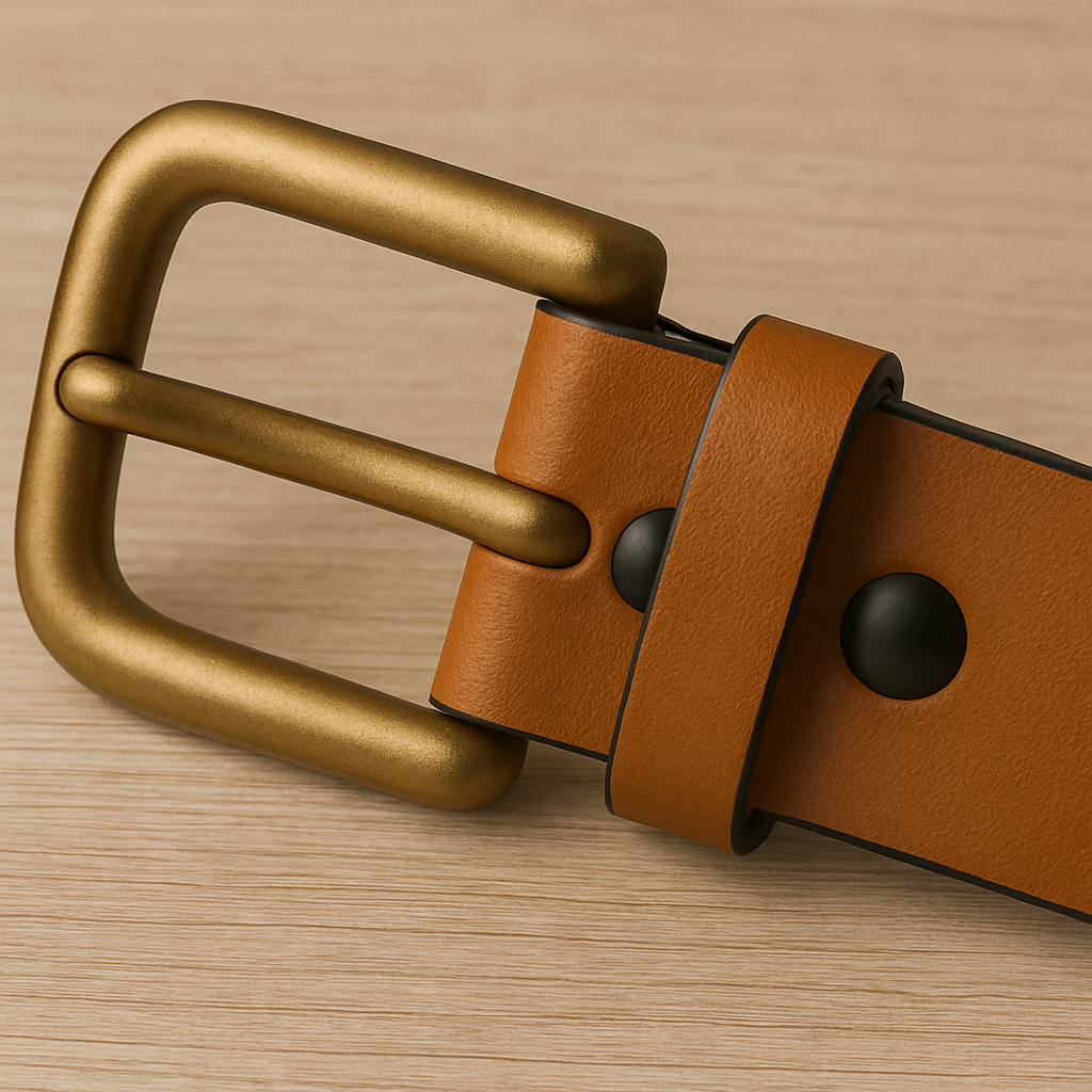 Brown leather belt with a gold buckle on a wooden surface