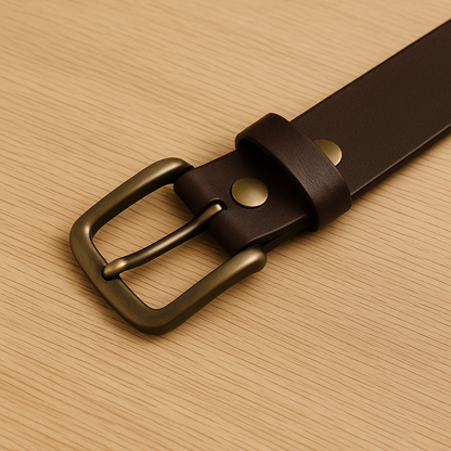 Brown leather belt with brass buckle on a beige background