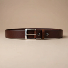Bellvari Trailblazer leather belt with satin-nickel buckle, side view. — view 5
