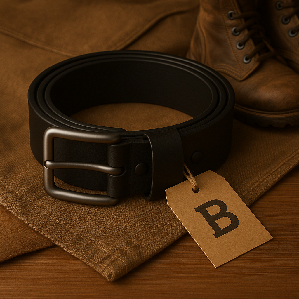 Black belt with a brown tag on a brown fabric background