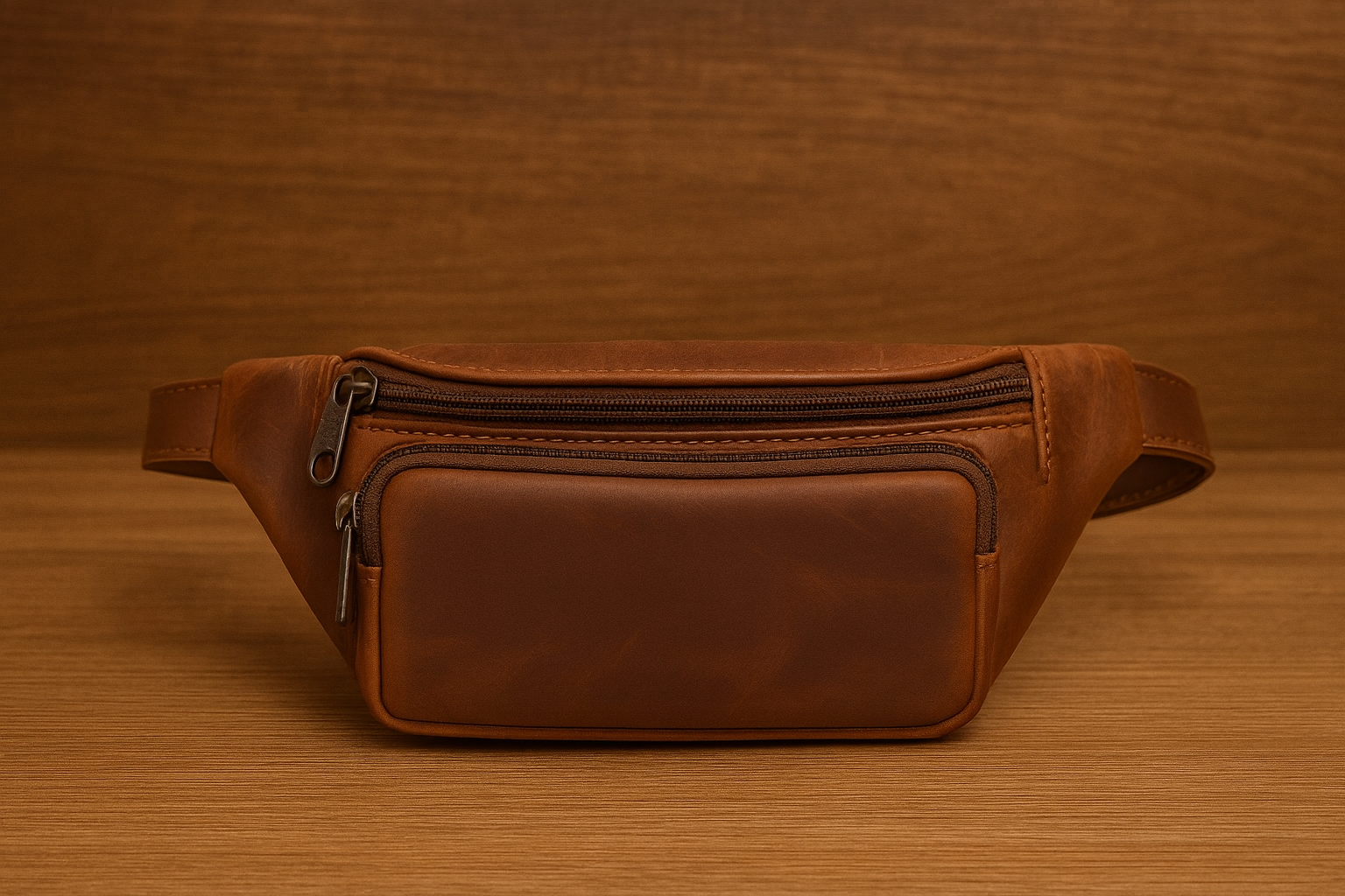 Brown leather fanny pack on a wooden surface