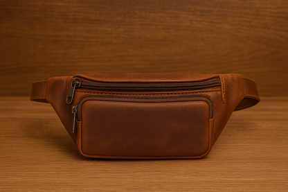 Brown leather fanny pack on a wooden surface