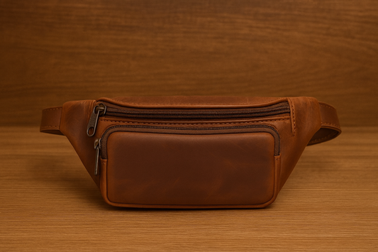 Brown leather fanny pack on a wooden surface