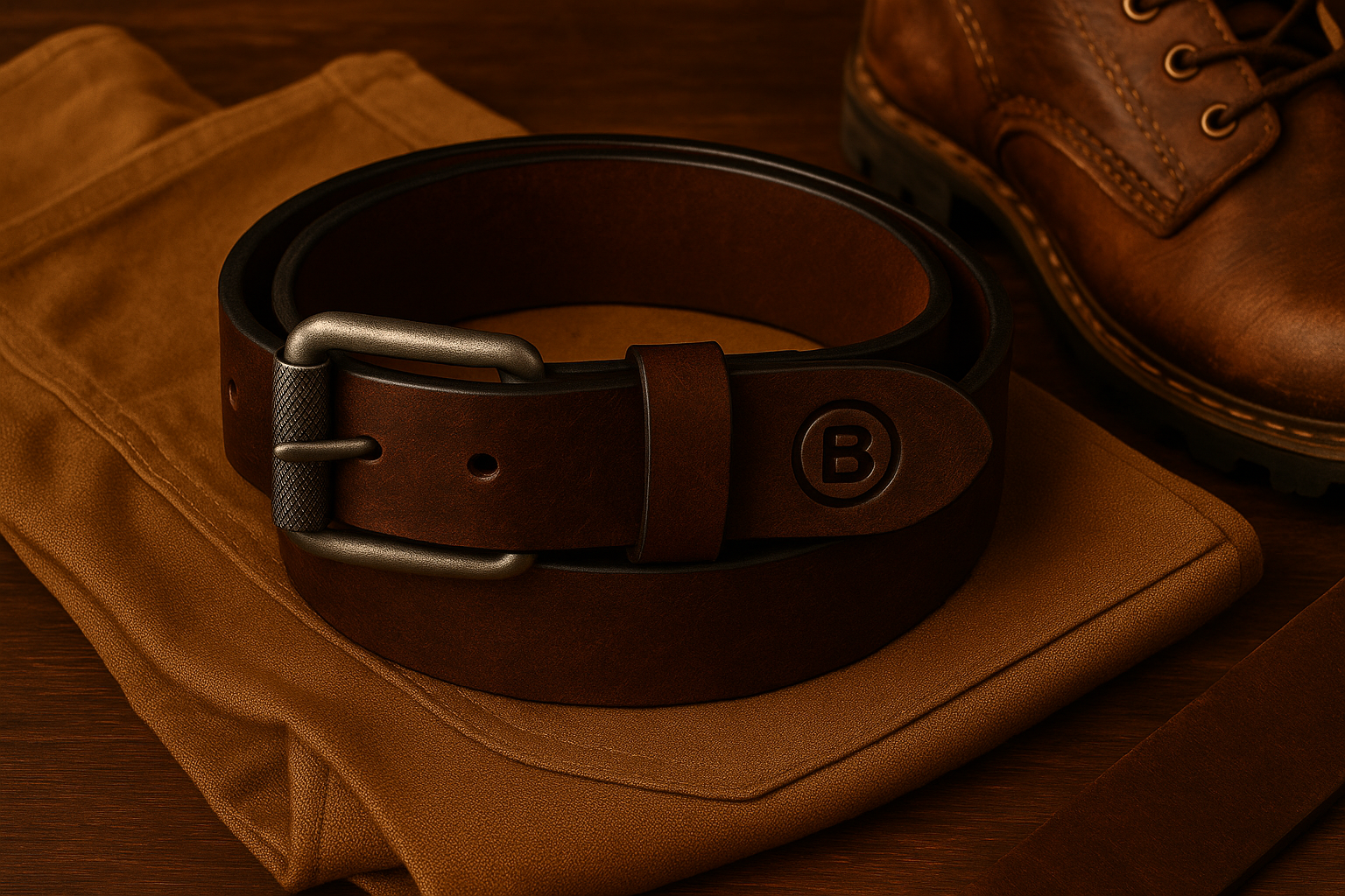 Brown leather belt with a silver buckle on a brown fabric background