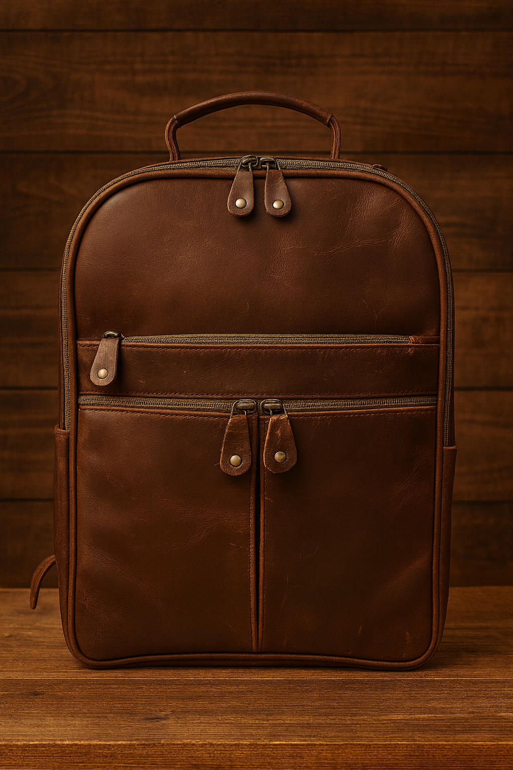 Brown leather backpack on a wooden surface with a wooden background
