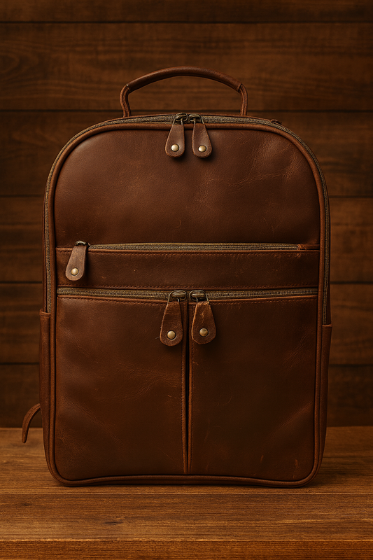 Brown leather backpack on a wooden surface with a wooden background