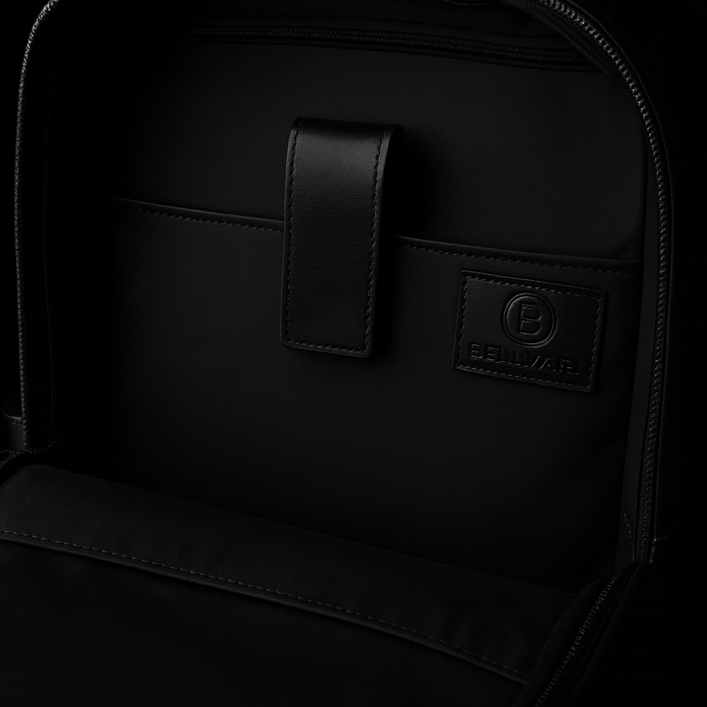 Close-up of a black backpack with a brand logo on a black background