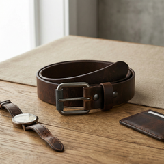 Bellvari Timberline brown leather belt detail showing knurled buckle and stitching. — view 5