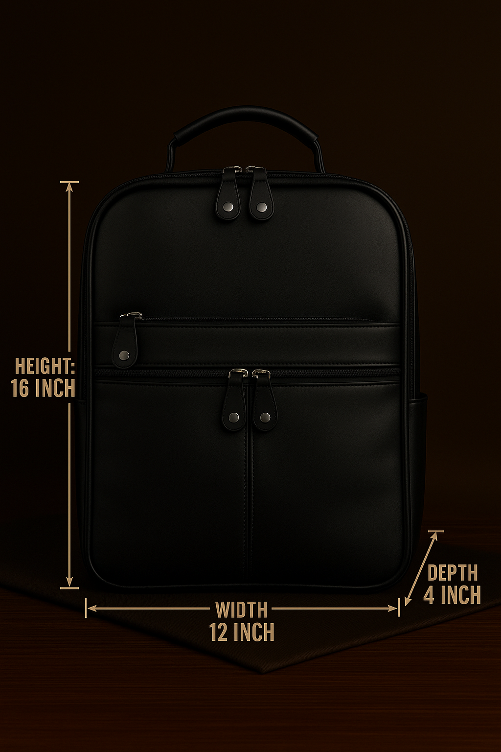 Black backpack with measurements on a dark background