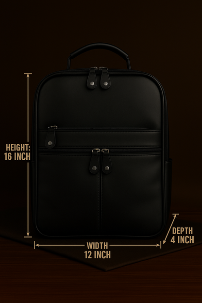 Black backpack with measurements on a dark background
