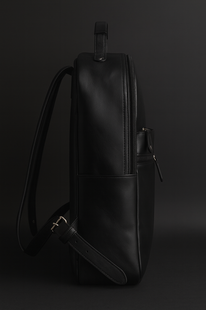 Black leather backpack on a dark background